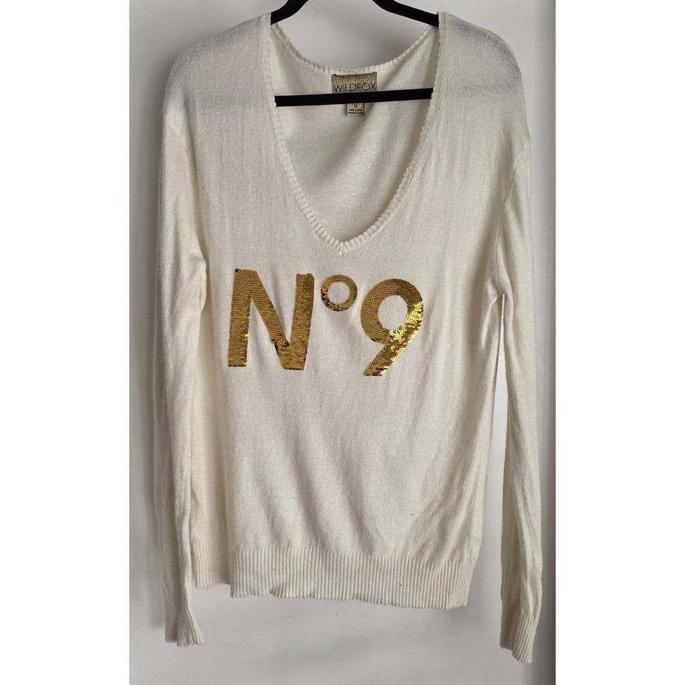 Wildfox No 9 Women's Pullover Sweater M Cream Long Sleeve Gold Sequin